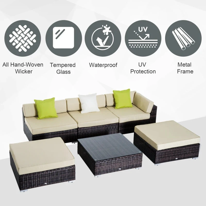 Outsunny 6 PC Rattan Sofa Coffee Table Set Sectional Wicker Weave Furniture For Garden Outdoor Conservatory W/ Pillow Cushion- Brown 4 Outsunny 6 PC Rattan Sofa Coffee Table Set Sectional Wicker Weave Furniture For Garden Outdoor Conservatory W/ Pillow Cushion- Brown - Image 4