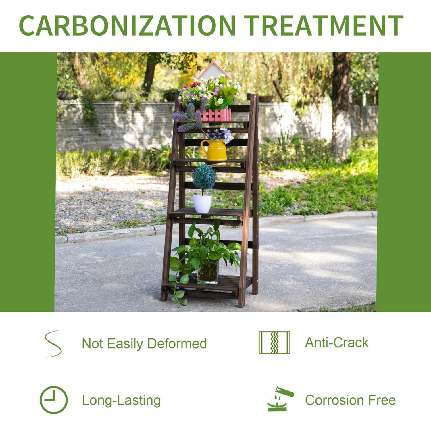 Outsunny 4-Tier Wooden Plant Shelf Foldable Flower Pots Holder Stand 5 Outsunny 4-Tier Wooden Plant Shelf Foldable Flower Pots Holder Stand - Image 5