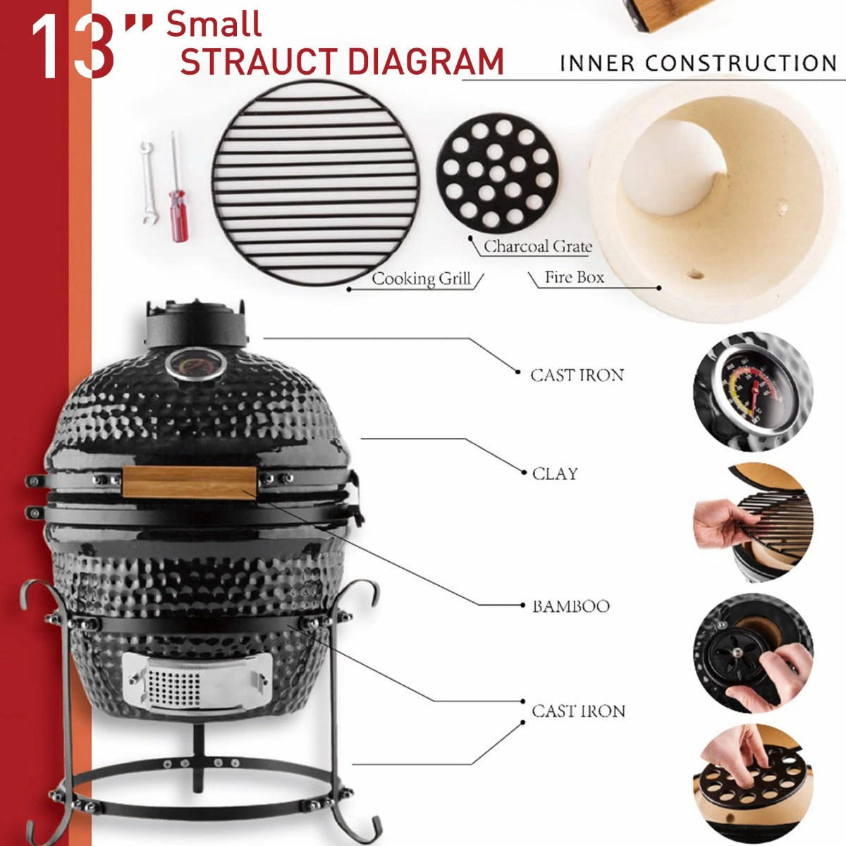 Outsunny Cast Iron Ceramic Kamado Charcoal BBQ Oven 6 Outsunny Cast Iron Ceramic Kamado Charcoal BBQ Oven - Image 6