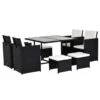 Outsunny 9 Pieces PE Rattan Cube Garden Furniture Set With Cushions, Outdoor Dining Table Set With 4 Armchair, 4 Stool, And Square Glass Top Table, Black