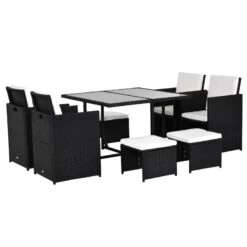 Outsunny 9 Pieces PE Rattan Cube Garden Furniture Set With Cushions, Outdoor Dining Table Set With 4 Armchair, 4 Stool, And Square Glass Top Table, Black