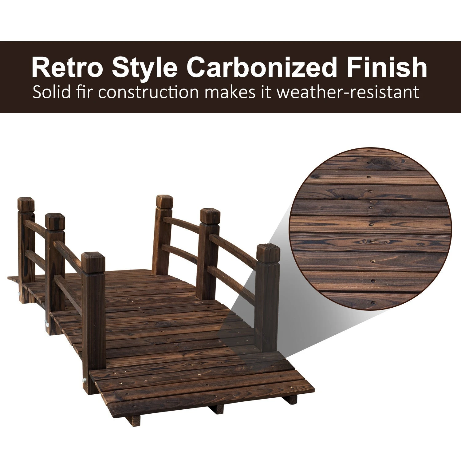 Outsunny 1.5M Wooden Garden Bridge Lawn Décor Stained Finish Arc Outdoor Pond Walkway W/ Railings Water Yard Decoration 4 Outsunny 1.5M Wooden Garden Bridge Lawn Décor Stained Finish Arc Outdoor Pond Walkway W/ Railings Water Yard Decoration - Image 4