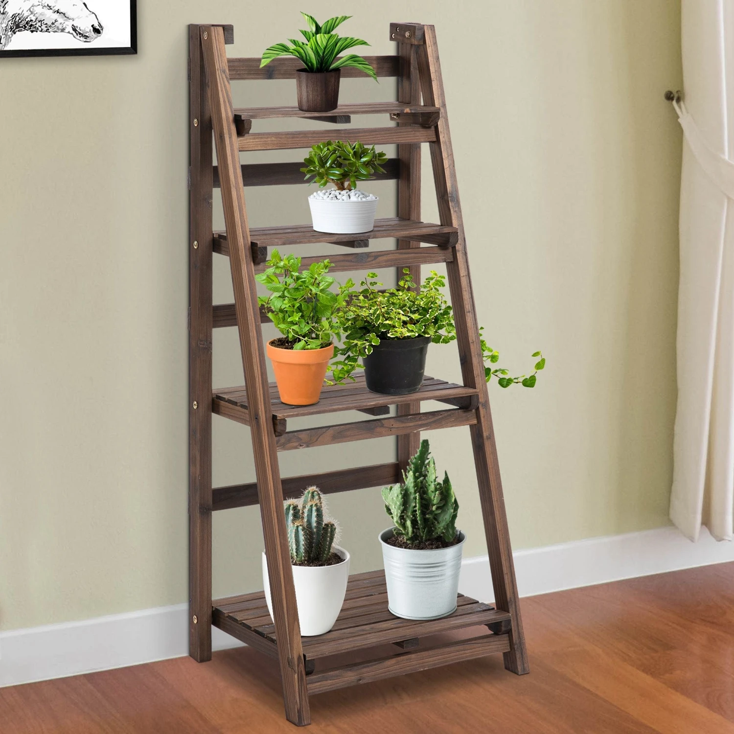 Outsunny 4-Tier Wooden Plant Shelf Foldable Flower Pots Holder Stand 2 Outsunny 4-Tier Wooden Plant Shelf Foldable Flower Pots Holder Stand - Image 2