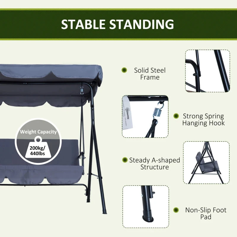 Outsunny Metal Swing Chair 3-Seater - Grey 6 Outsunny Metal Swing Chair 3-Seater - Grey - Image 6