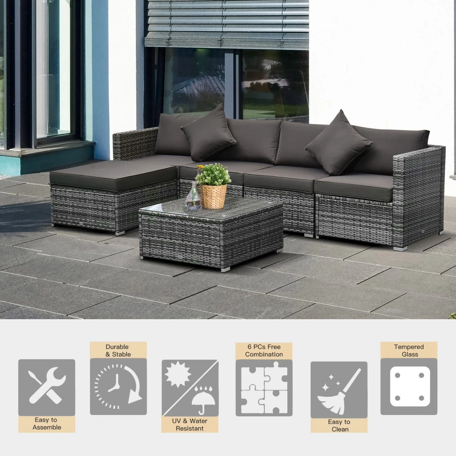 Outsunny 6 Pieces Outdoor Rattan Corner Sofa Set, Patio Aluminum Frame With All-weather Wicker Conversation Furniture W/ Coffee Table & Cushions, Mixed Grey 4 Outsunny 6 Pieces Outdoor Rattan Corner Sofa Set, Patio Aluminum Frame With All-weather Wicker Conversation Furniture W/ Coffee Table & Cushions, Mixed Grey - Image 4