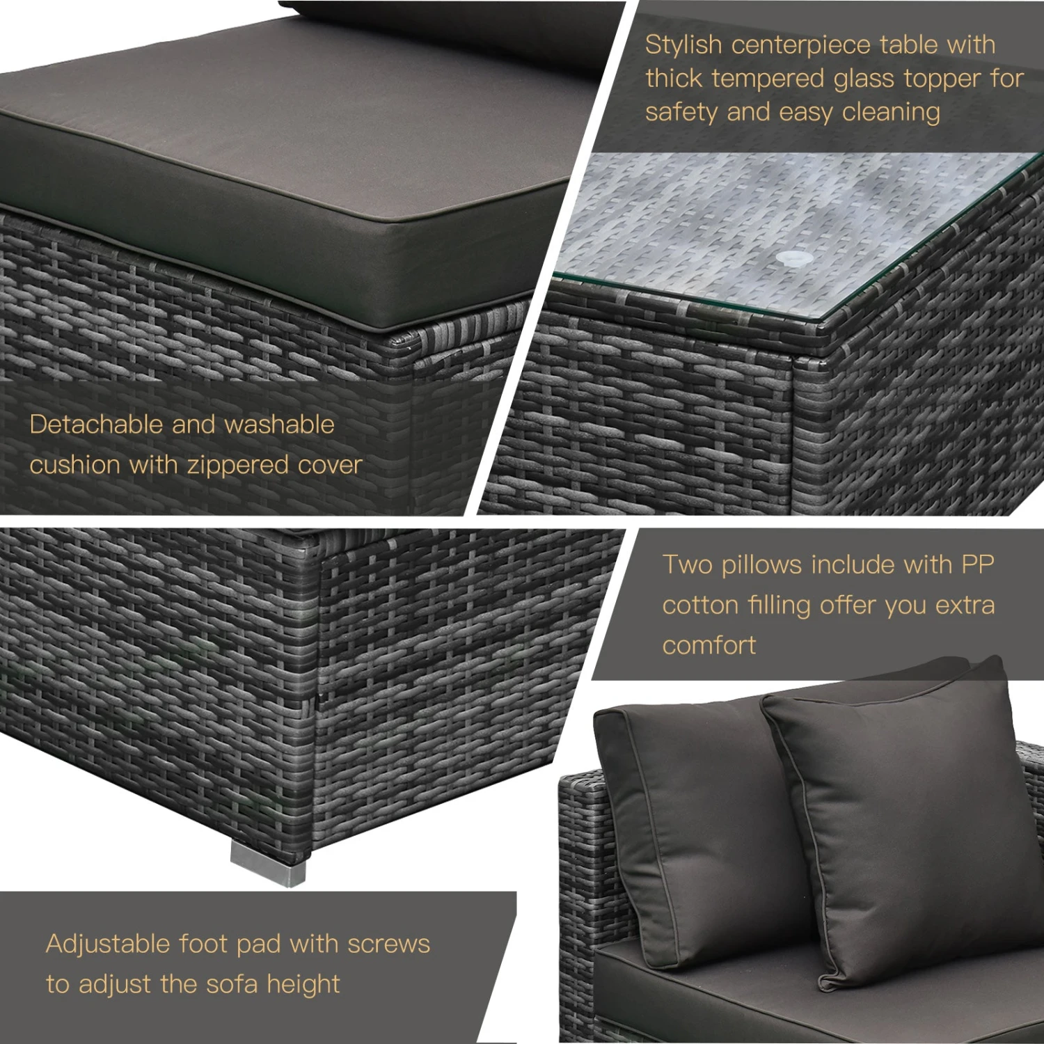 Outsunny 6 Pieces Outdoor Rattan Corner Sofa Set, Patio Aluminum Frame With All-weather Wicker Conversation Furniture W/ Coffee Table & Cushions, Mixed Grey 13 Outsunny 6 Pieces Outdoor Rattan Corner Sofa Set, Patio Aluminum Frame With All-weather Wicker Conversation Furniture W/ Coffee Table & Cushions, Mixed Grey - Image 13