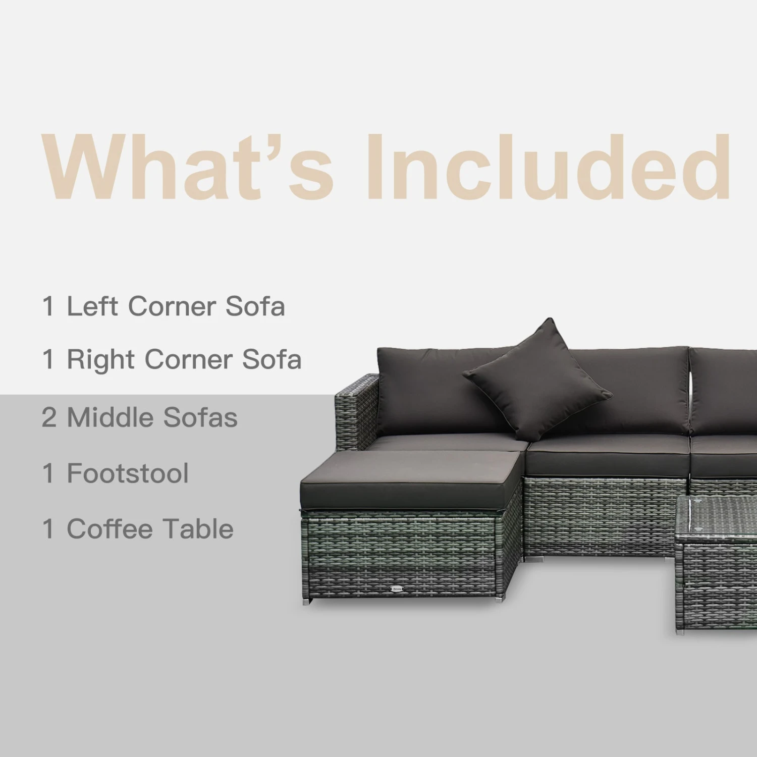 Outsunny 6 Pieces Outdoor Rattan Corner Sofa Set, Patio Aluminum Frame With All-weather Wicker Conversation Furniture W/ Coffee Table & Cushions, Mixed Grey 6 Outsunny 6 Pieces Outdoor Rattan Corner Sofa Set, Patio Aluminum Frame With All-weather Wicker Conversation Furniture W/ Coffee Table & Cushions, Mixed Grey - Image 6