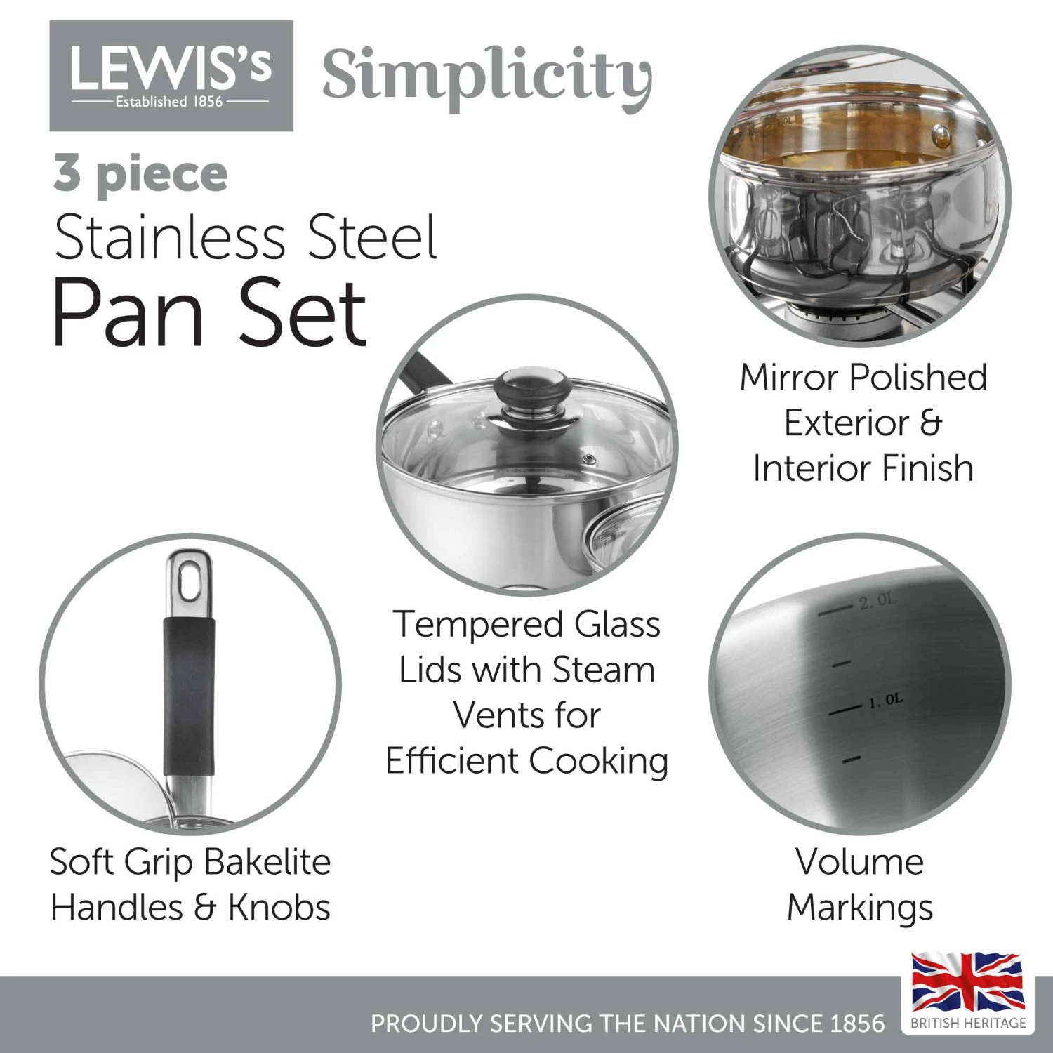 Lewis's Stainless Steel 3 Piece Pan Set With Silica Handles - Silver 3 Lewis's Stainless Steel 3 Piece Pan Set With Silica Handles - Silver - Image 3