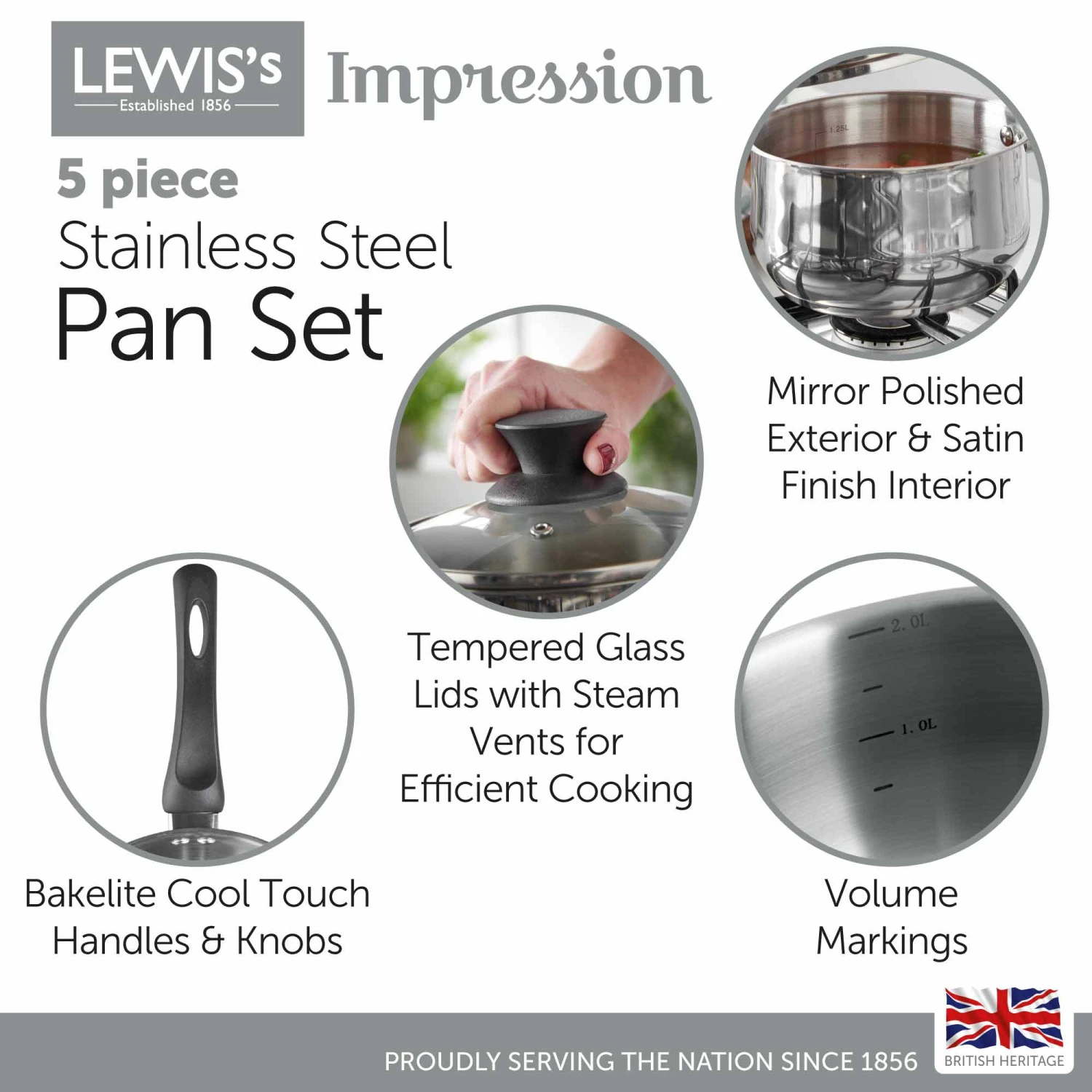 Lewis's 5 Piece Stainless Steel Pan Set With Bakelite Handle & Knob Home Kitchen 8 Lewis's 5 Piece Stainless Steel Pan Set With Bakelite Handle & Knob Home Kitchen - Image 8