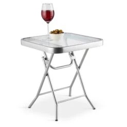 Silver & Stone Folding Side Table With Glass Top 40cm X 40cm X 46cm -Home Furnishing Serie Shop 4356318 IMAGE1