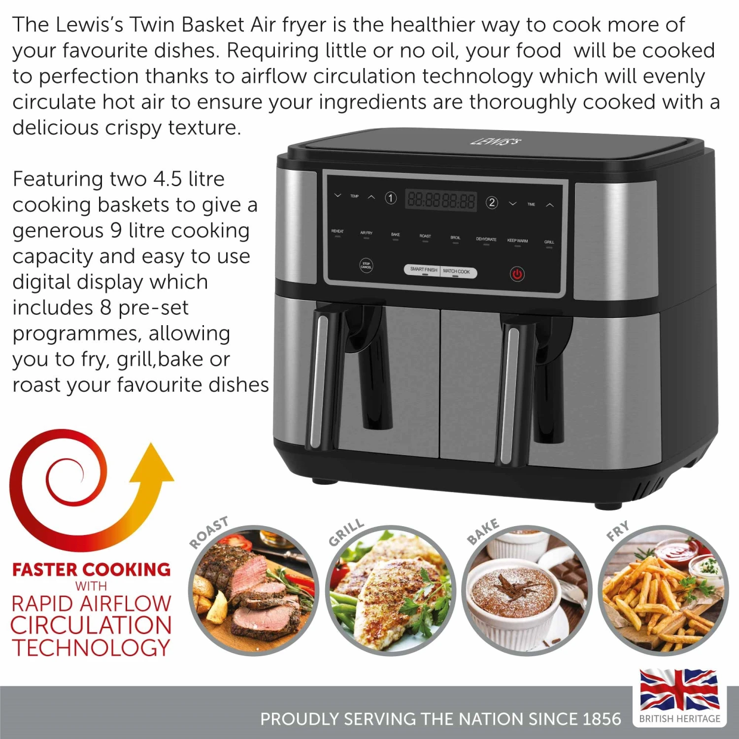 Lewis's Air Fryer With Dual Twin Basket 9L - 2 X 4.5l Drawers 3 Lewis's Air Fryer With Dual Twin Basket 9L - 2 X 4.5l Drawers - Image 3