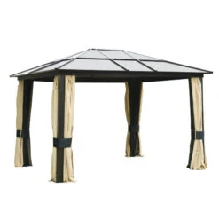 Outsunny 3 X 3.6(m) Hardtop Gazebo Canopy With Polycarbonate Roof And Aluminium Frame, Garden Pavilion With Mosquito Netting And Curtains, Brown