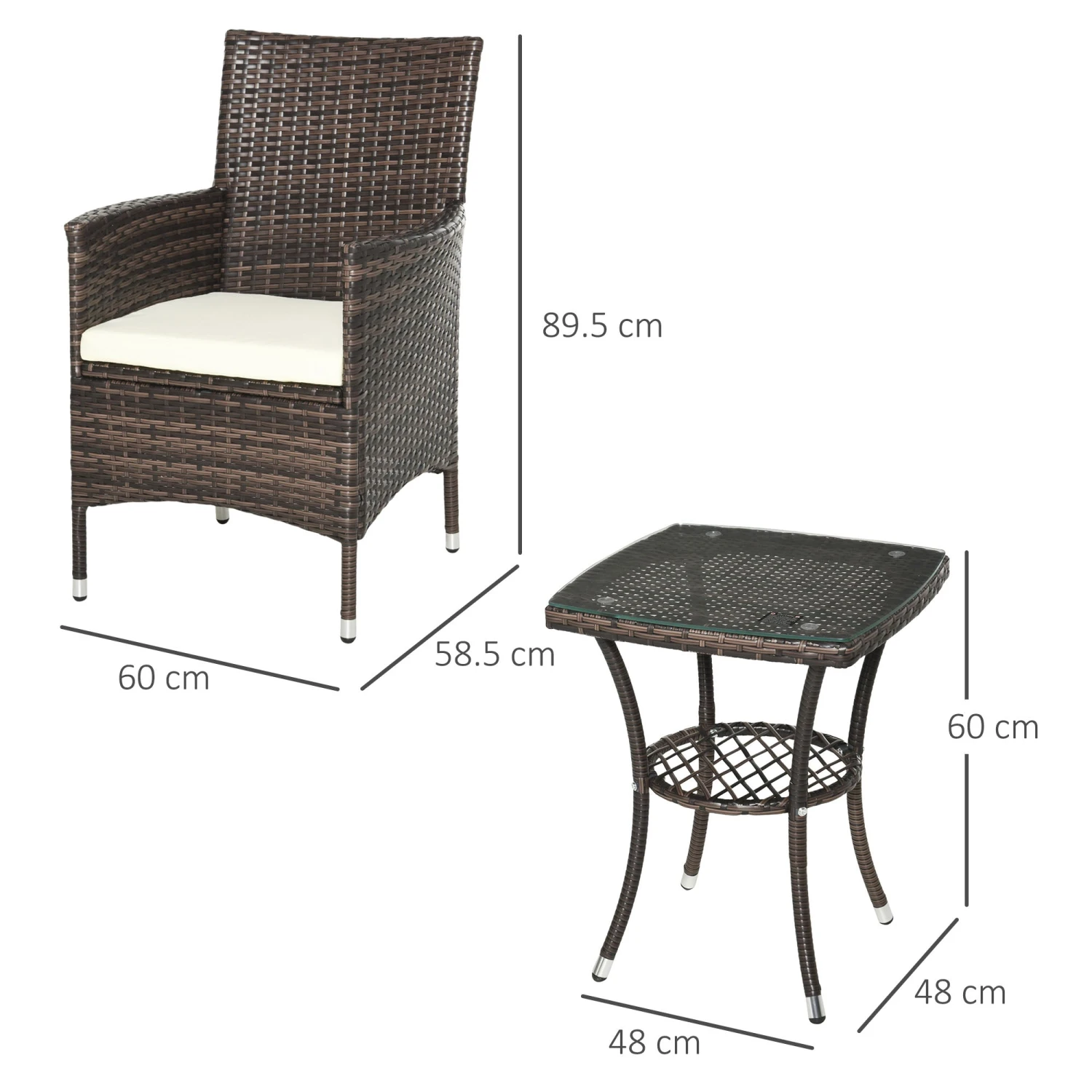 Outsunny Three-Piece Rattan Chair Set, With Cushions - Brown 3 Outsunny Three-Piece Rattan Chair Set, With Cushions - Brown - Image 3