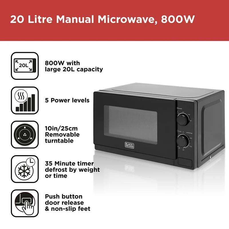 Black & Decker Black+Decker Manual Microwave 800w 20L - Black 3 Black & Decker Black+Decker Manual Microwave 800w 20L - Black - Image 3