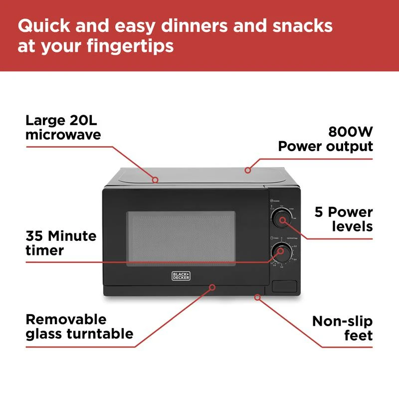 Black & Decker Black+Decker Manual Microwave 800w 20L - Black 5 Black & Decker Black+Decker Manual Microwave 800w 20L - Black - Image 5