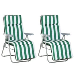 Outsunny Set Of 2 Garden Patio Outdoor Sun Recliners Loungers Folding Foldable Multi Position Relaxers Chairs With Cushions Fire Retardant Sponge (Green White)