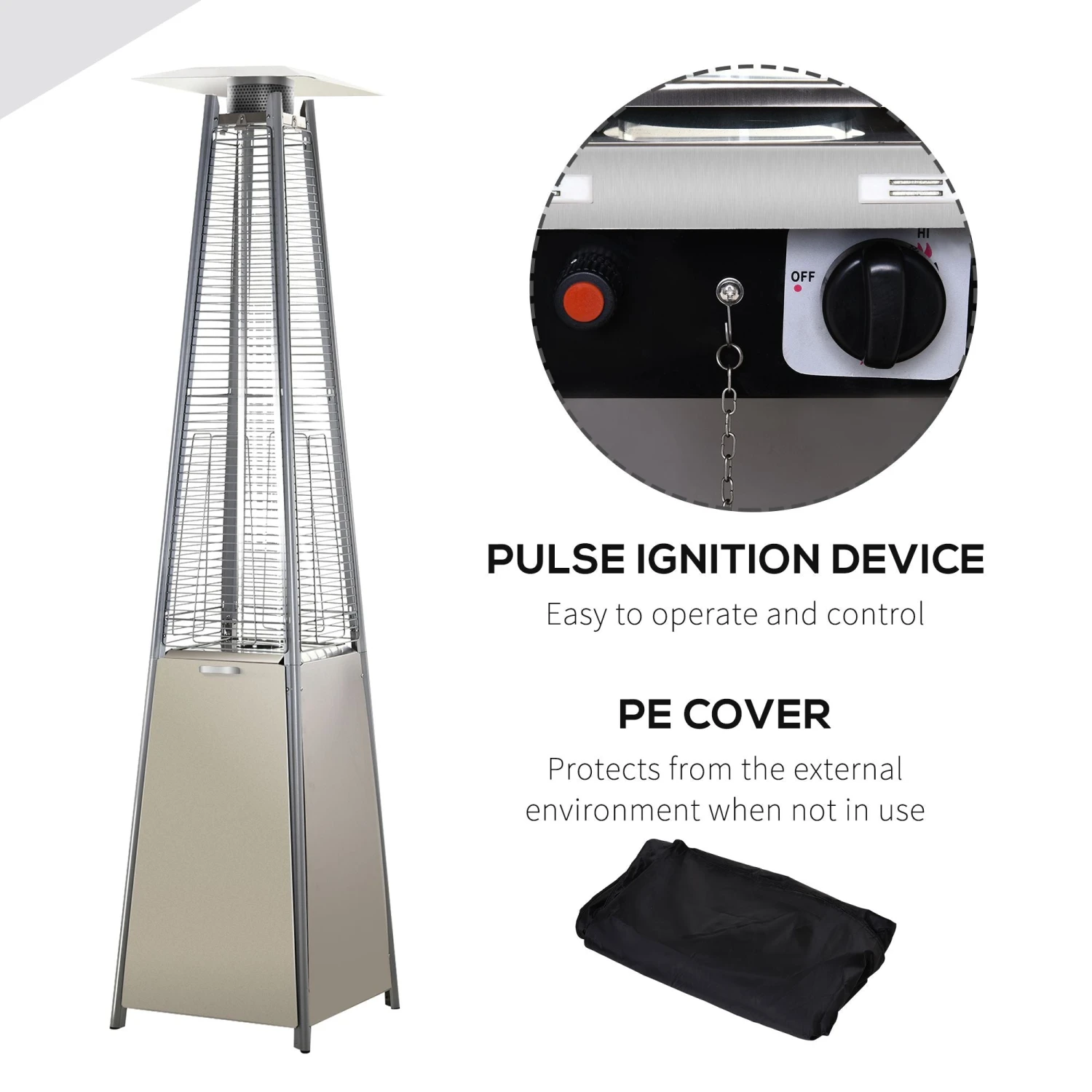 Outsunny Stainless Steel Outdoor Garden Pyramid Patio Heater With Wheels And Rain Cover - Silver 7 Outsunny Stainless Steel Outdoor Garden Pyramid Patio Heater With Wheels And Rain Cover - Silver - Image 7