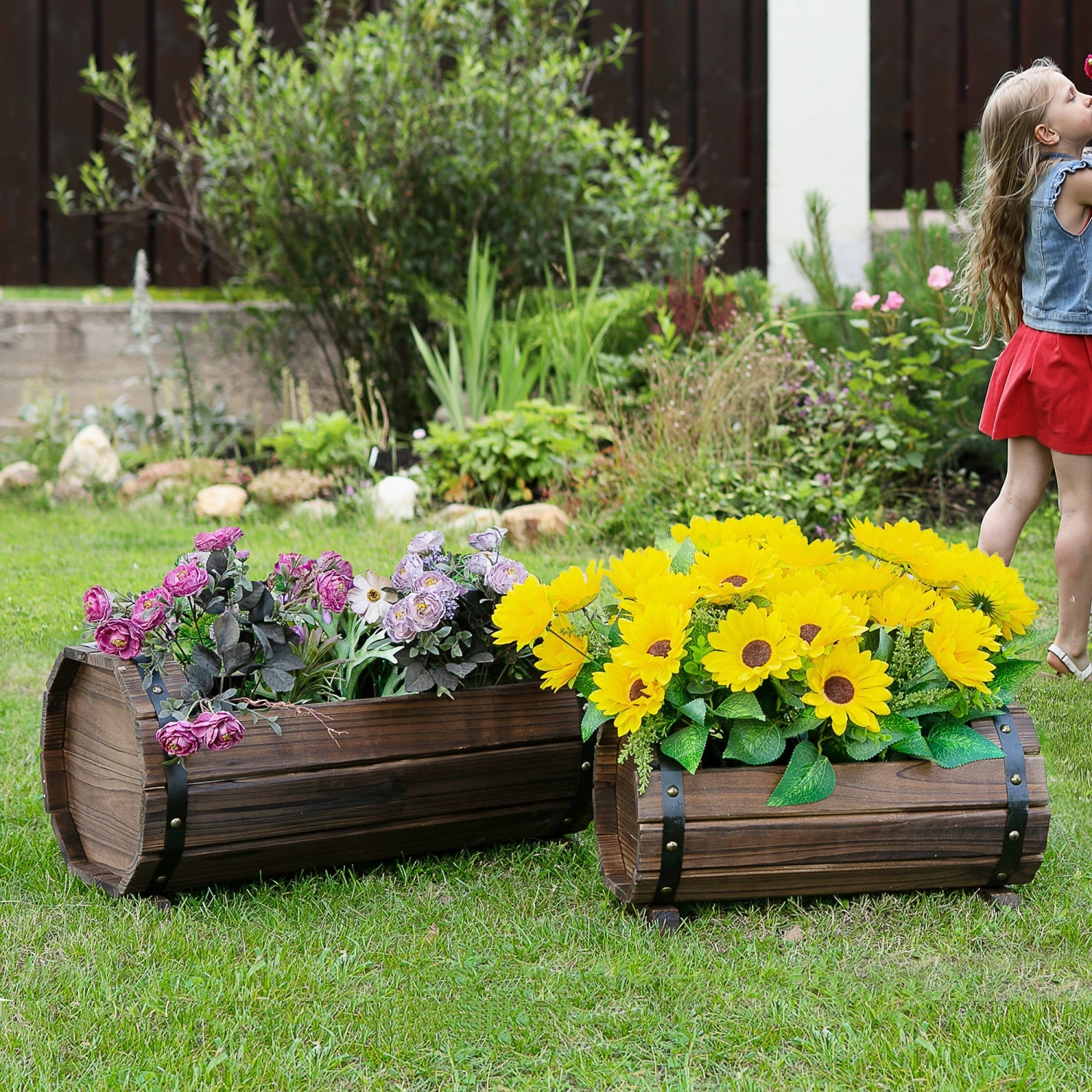 Outsunny 2PCs Wooden Flower Plant Pot 2 Outsunny 2PCs Wooden Flower Plant Pot - Image 2