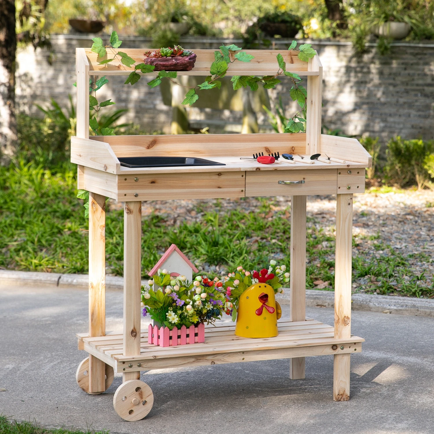 Outsunny Wooden Potting Bench Work Table With 2 Removable Wheels, Sink, Drawer & Large Storage Spaces, 92x45x119cm 2 Outsunny Wooden Potting Bench Work Table With 2 Removable Wheels, Sink, Drawer & Large Storage Spaces, 92x45x119cm - Image 2