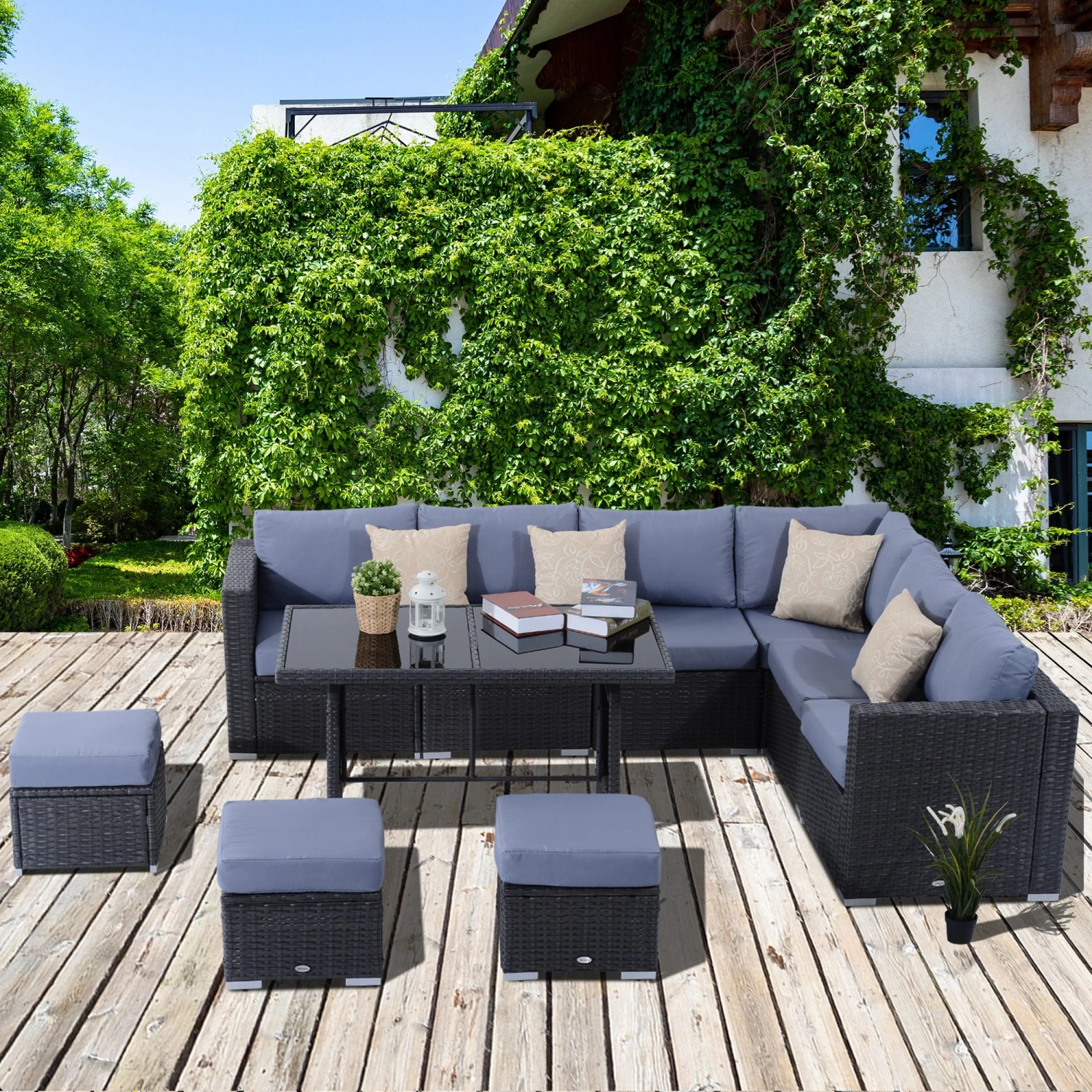 Outsunny 9-Seater Garden Rattan Furniture 10 Pcs Rattan Corner Dining Sofa Set, Grey/Dusty Blue Cushion 2 Outsunny 9-Seater Garden Rattan Furniture 10 Pcs Rattan Corner Dining Sofa Set, Grey/Dusty Blue Cushion - Image 2