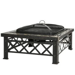 Outsunny Square Garden Fire Pit Square Table W/ Grill Shelf Poker Mesh Cover Grate 76cm