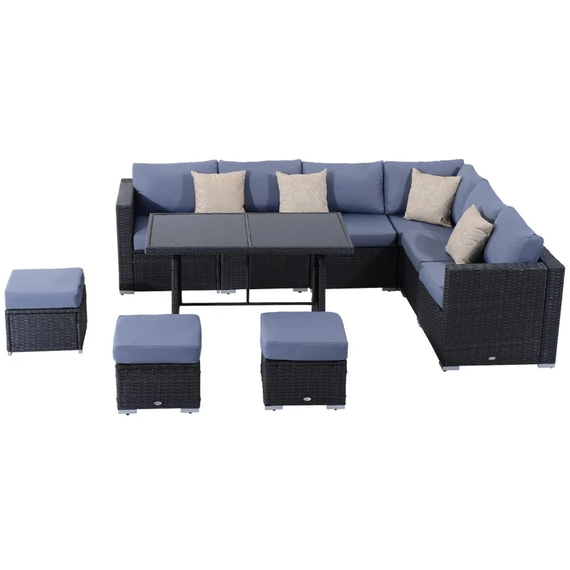 Outsunny 9-Seater Garden Rattan Furniture 10 Pcs Rattan Corner Dining Sofa Set, Grey/Dusty Blue Cushion 1 Outsunny 9-Seater Garden Rattan Furniture 10 Pcs Rattan Corner Dining Sofa Set, Grey/Dusty Blue Cushion