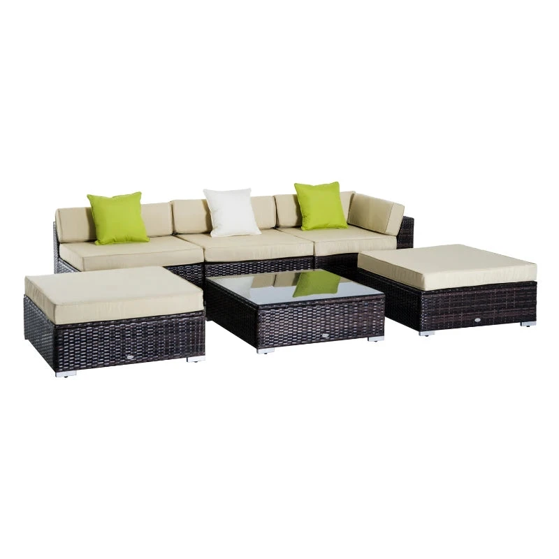Outsunny 6 PC Rattan Sofa Coffee Table Set Sectional Wicker Weave Furniture For Garden Outdoor Conservatory W/ Pillow Cushion- Brown 1 Outsunny 6 PC Rattan Sofa Coffee Table Set Sectional Wicker Weave Furniture For Garden Outdoor Conservatory W/ Pillow Cushion- Brown