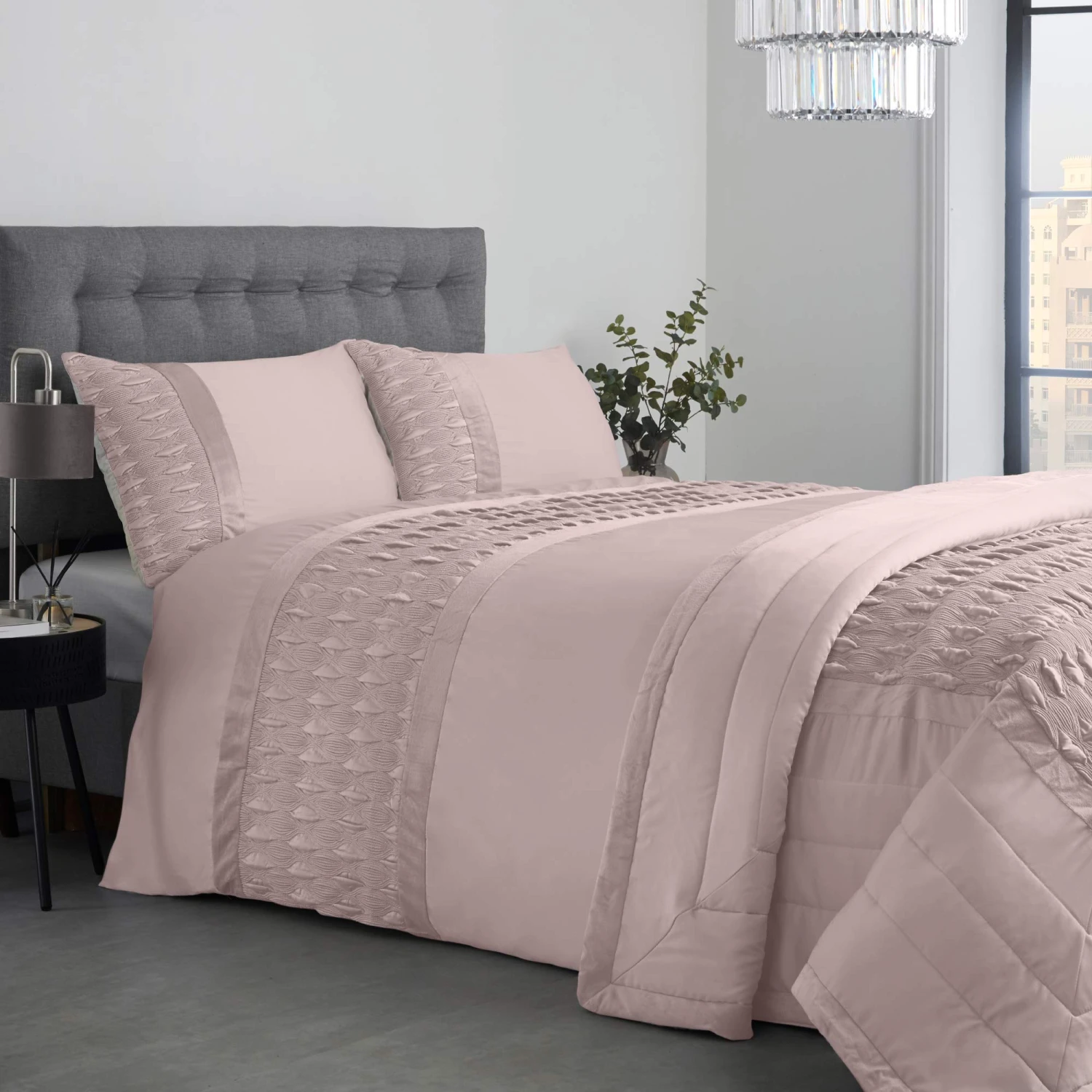 Lewis's Aria Quilted Satin Panel Luxury Duvet Set - Blush Pink 1 Lewis's Aria Quilted Satin Panel Luxury Duvet Set - Blush Pink