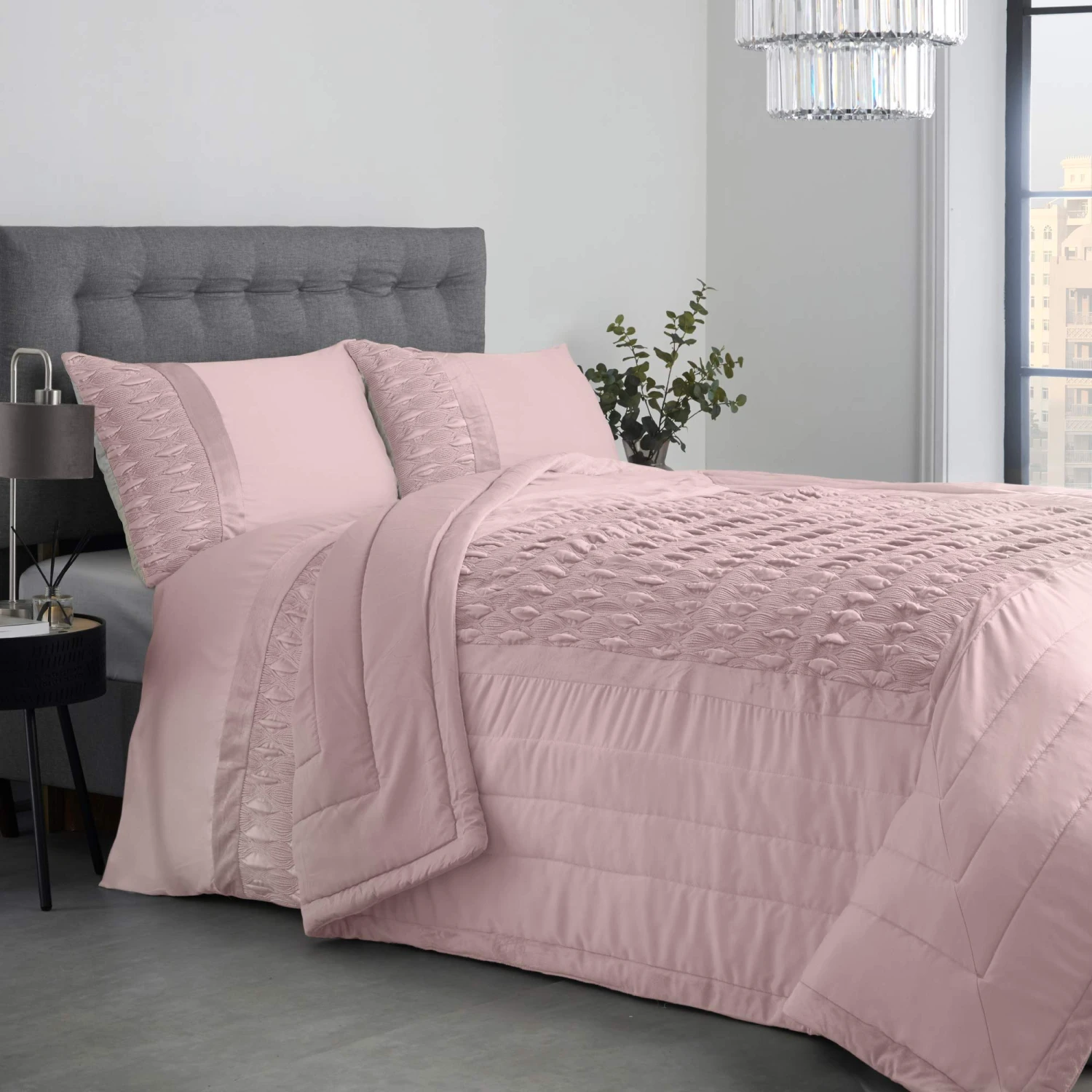 Lewis's Aria Quilted Satin Panel Luxury Duvet Set - Blush Pink 2 Lewis's Aria Quilted Satin Panel Luxury Duvet Set - Blush Pink - Image 2