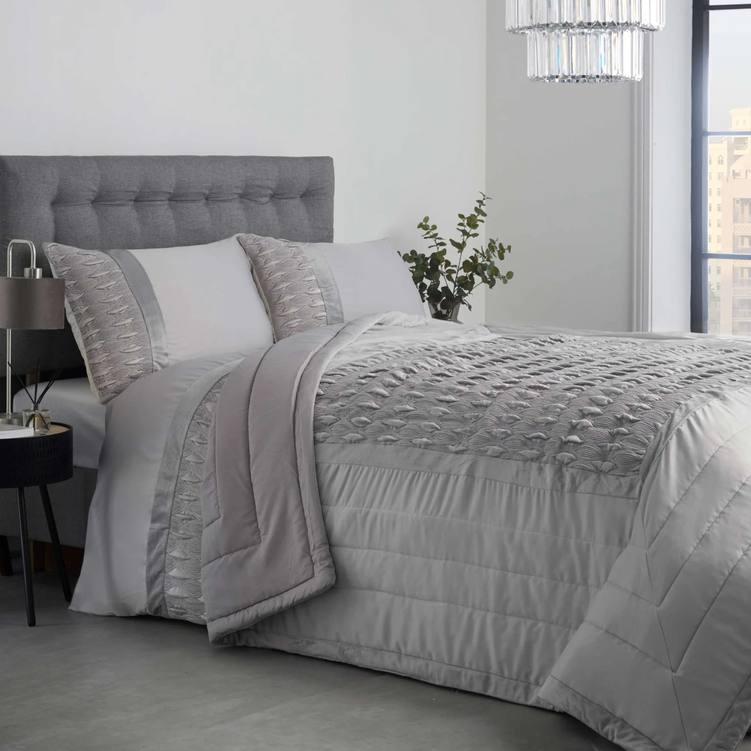 Lewis's Aria Quilted Satin Panel Luxury Duvet Set - Silver 1 Lewis's Aria Quilted Satin Panel Luxury Duvet Set - Silver