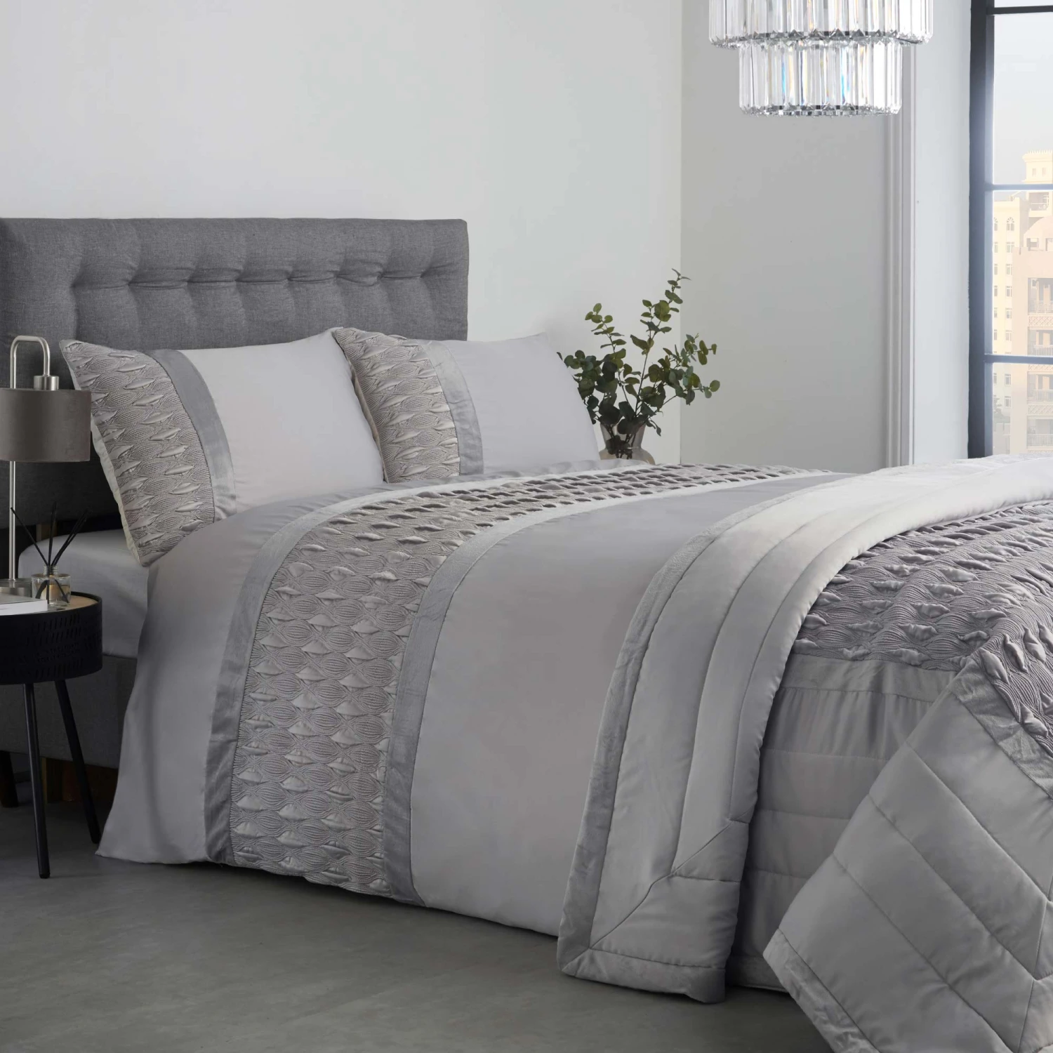 Lewis's Aria Quilted Satin Panel Luxury Duvet Set - Silver 2 Lewis's Aria Quilted Satin Panel Luxury Duvet Set - Silver - Image 2