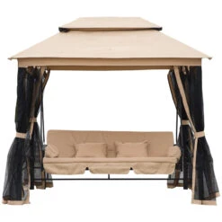 Outsunny 3 Seater Swing Chair 3-in-1 Convertible Garden Swing Seat Bed Gazebo Patio Bench Outdoor With Double Tier Canopy, Cushioned Seat, Mesh Sidewalls, Beige