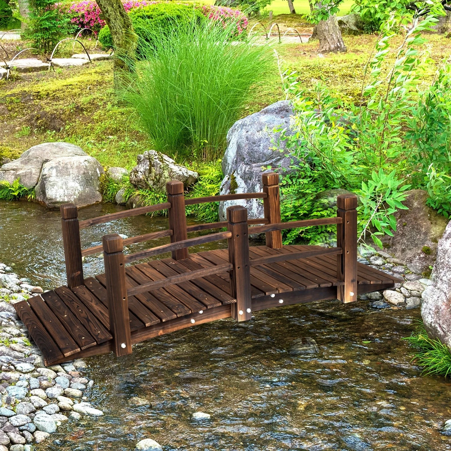 Outsunny 1.5M Wooden Garden Bridge Lawn Décor Stained Finish Arc Outdoor Pond Walkway W/ Railings Water Yard Decoration 2 Outsunny 1.5M Wooden Garden Bridge Lawn Décor Stained Finish Arc Outdoor Pond Walkway W/ Railings Water Yard Decoration - Image 2
