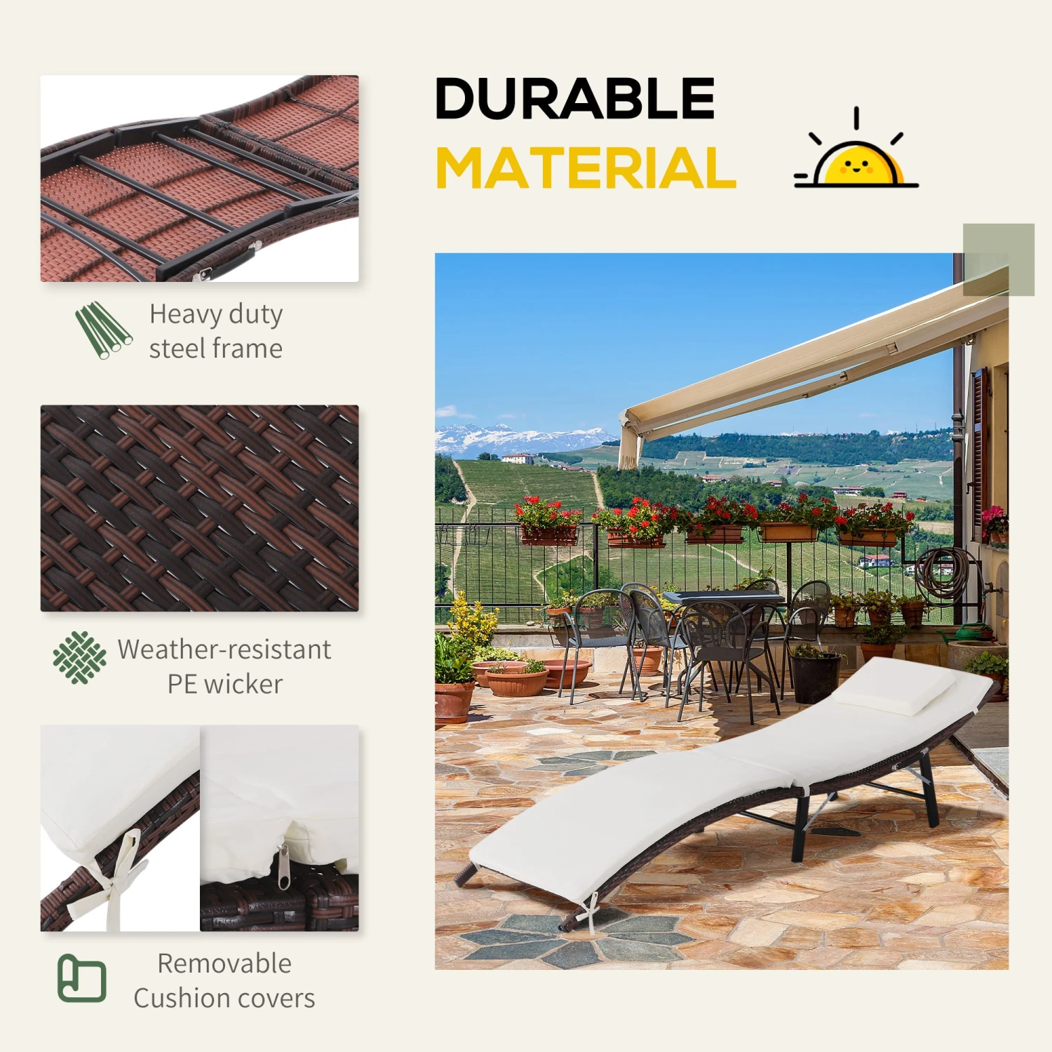 Outsunny Rattan Single Lounger - 4 Outsunny Rattan Single Lounger - - Image 4