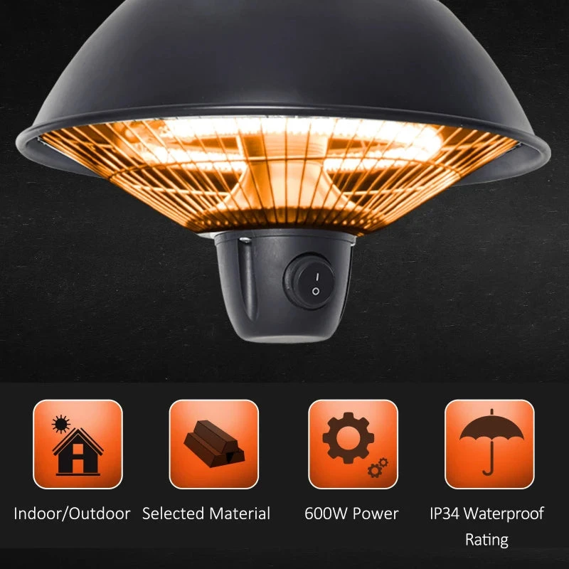 Outsunny Hanging Electric Outdoor Patio Heater 600W - Black 5 Outsunny Hanging Electric Outdoor Patio Heater 600W - Black - Image 5