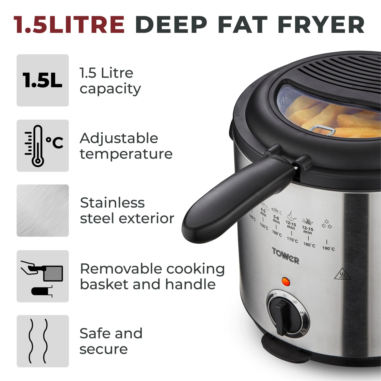 Tower Stainless Steel Deep Fryer 1.5Litre 2 Tower Stainless Steel Deep Fryer 1.5Litre - Image 2