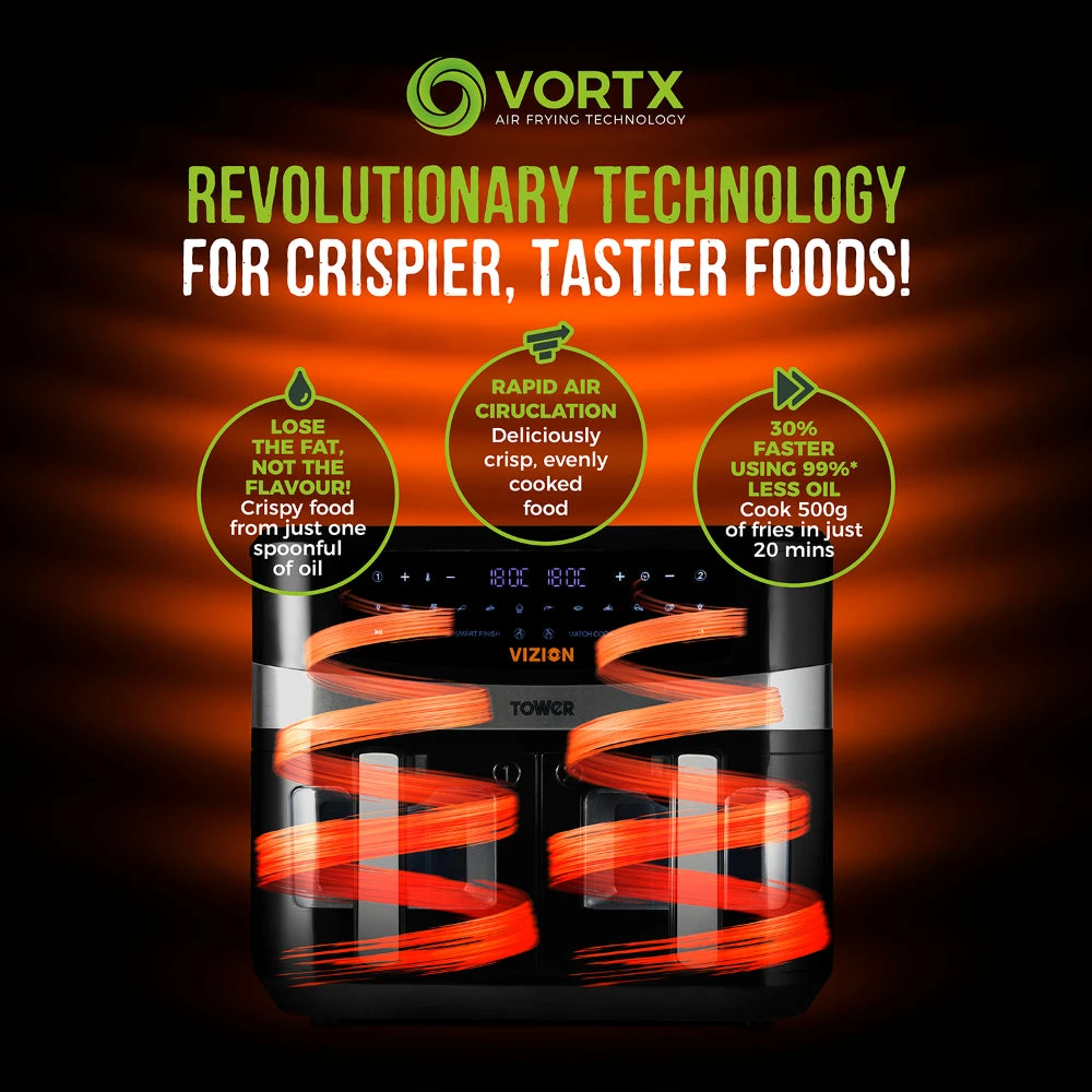 Tower Vortx Vizion Dual Basket Air Fryer 9L - Black 6 Tower Vortx Vizion Dual Basket Air Fryer 9L - Black - Image 6