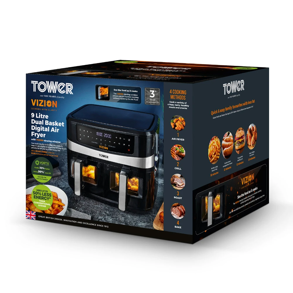 Tower Vortx Vizion Dual Basket Air Fryer 9L - Black 8 Tower Vortx Vizion Dual Basket Air Fryer 9L - Black - Image 8