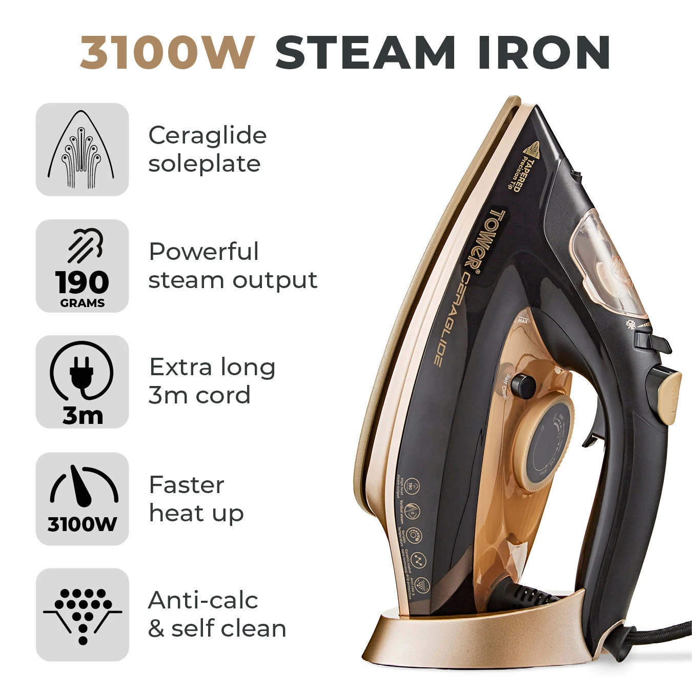 Tower Ceraglide 3100W Steam Iron - Black Rose Gold 2 Tower Ceraglide 3100W Steam Iron - Black Rose Gold - Image 2