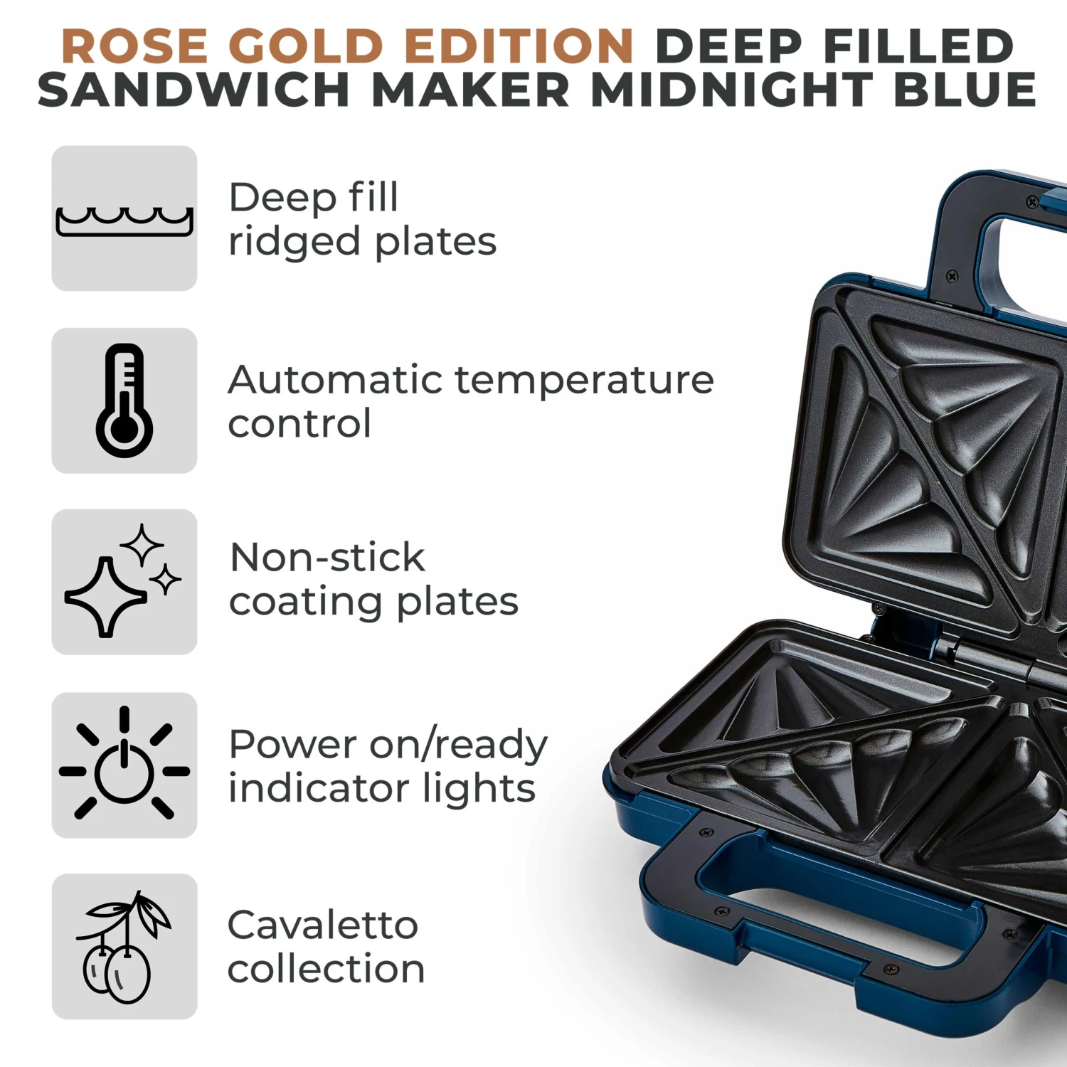 Tower Cavaletto 900W Sandwich Maker - Midnight Blue 2 Tower Cavaletto 900W Sandwich Maker - Midnight Blue - Image 2