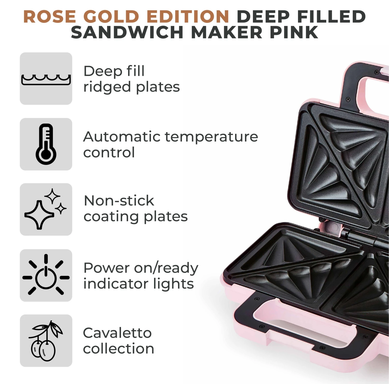 Tower Cavaletto 900W Sandwich Maker - Pink 2 Tower Cavaletto 900W Sandwich Maker - Pink - Image 2