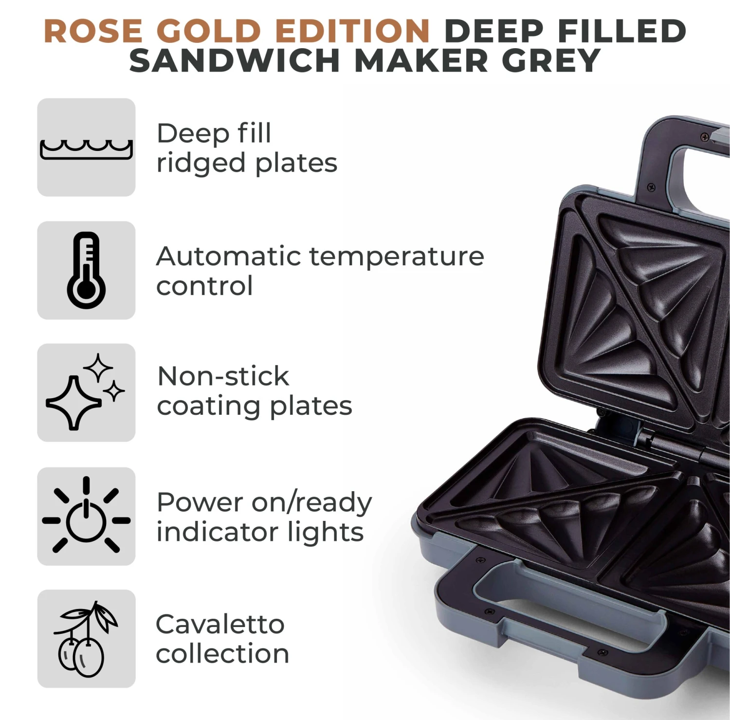 Tower Cavaletto 900W Sandwich Maker - Grey 2 Tower Cavaletto 900W Sandwich Maker - Grey - Image 2