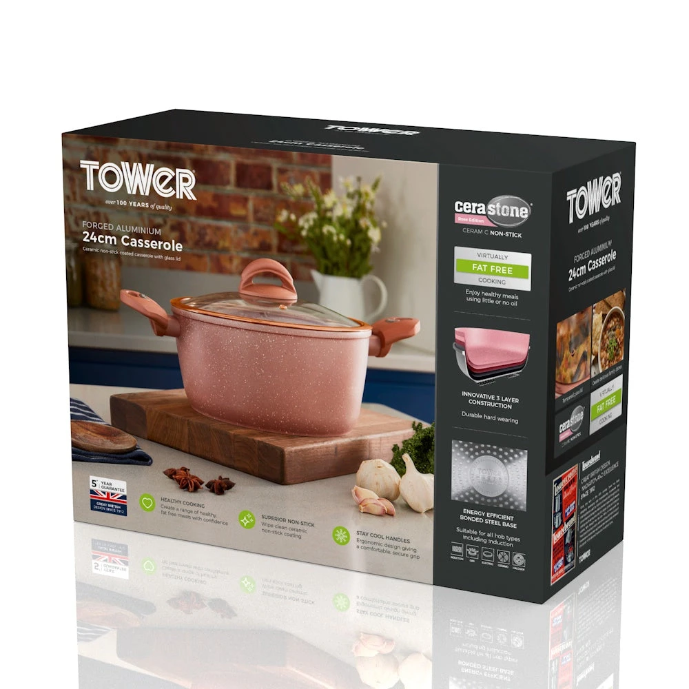 Tower Cerastone 24cm 4.2 Litre Casserole - Rose Pink 7 Tower Cerastone 24cm 4.2 Litre Casserole - Rose Pink - Image 7