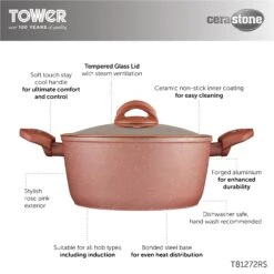 Tower Cerastone 24cm 4.2 Litre Casserole - Rose Pink 15 Tower Cerastone 24cm 4.2 Litre Casserole - Rose Pink -Home Furnishing Serie Shop T81272RS 10