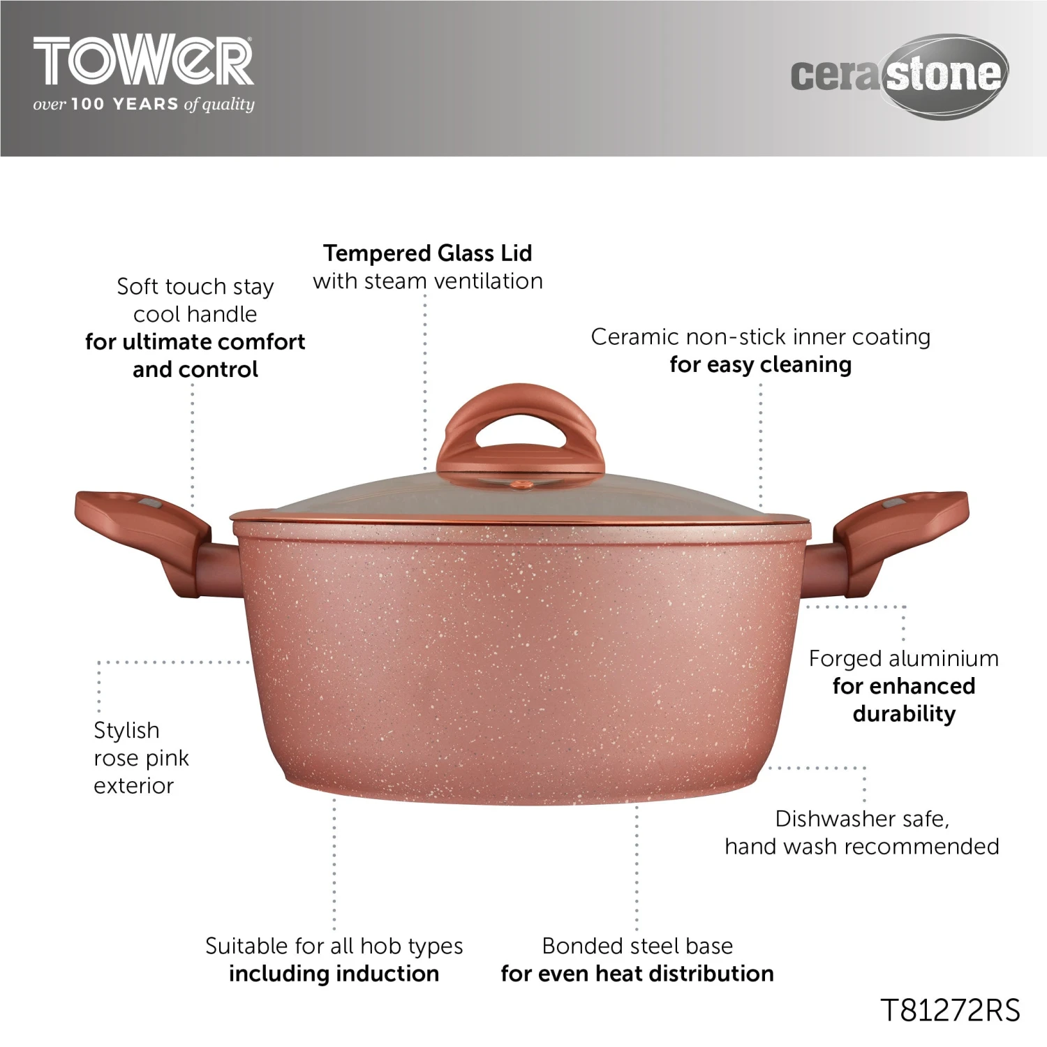 Tower Cerastone 24cm 4.2 Litre Casserole - Rose Pink 8 Tower Cerastone 24cm 4.2 Litre Casserole - Rose Pink - Image 8