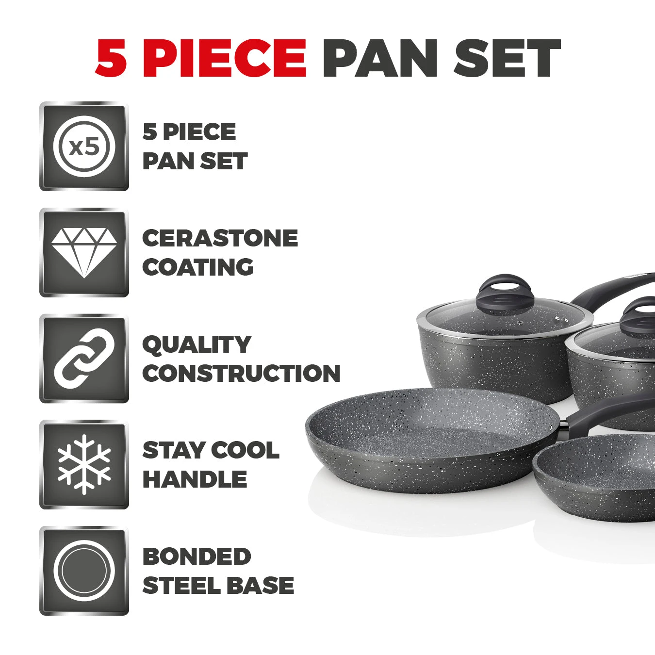 Tower Cerastone 5 Piece Pan Set Graphite - Grey 2 Tower Cerastone 5 Piece Pan Set Graphite - Grey - Image 2