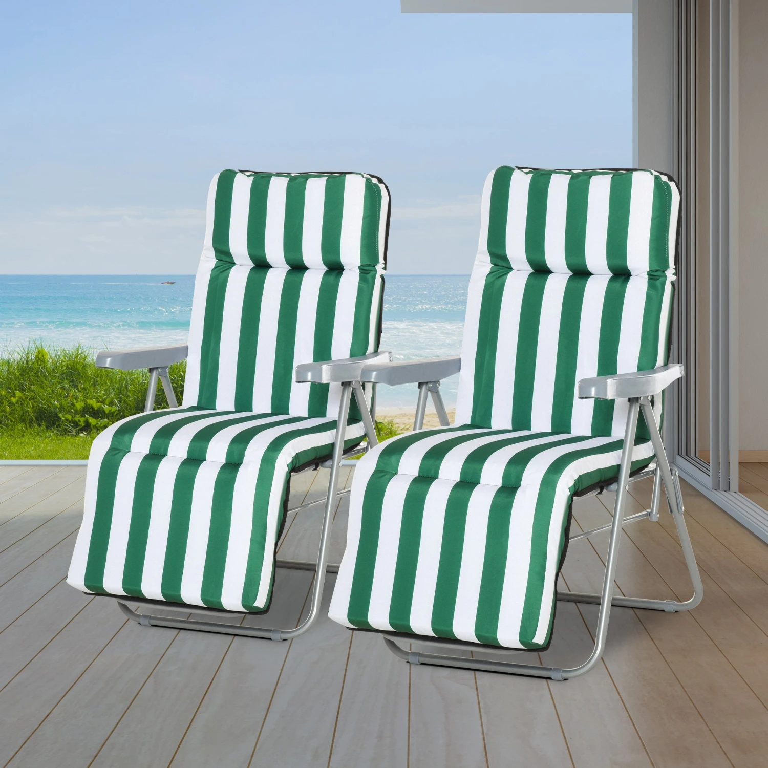 Outsunny Set Of 2 Garden Patio Outdoor Sun Recliners Loungers Folding Foldable Multi Position Relaxers Chairs With Cushions Fire Retardant Sponge (Green White) 2 Outsunny Set Of 2 Garden Patio Outdoor Sun Recliners Loungers Folding Foldable Multi Position Relaxers Chairs With Cushions Fire Retardant Sponge (Green White) - Image 2