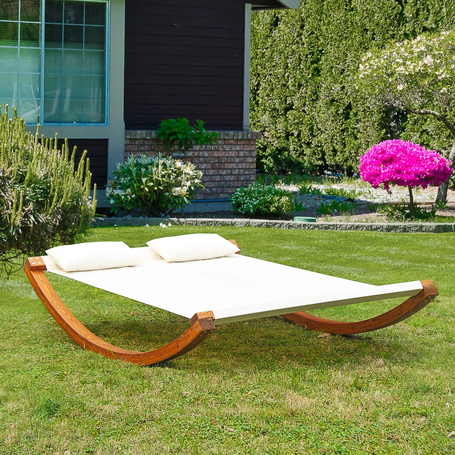 Outsunny Garden Day Rocking Bed Sun Lounger Patio Furniture Hammock With Pillows Wood 2 Outsunny Garden Day Rocking Bed Sun Lounger Patio Furniture Hammock With Pillows Wood - Image 2