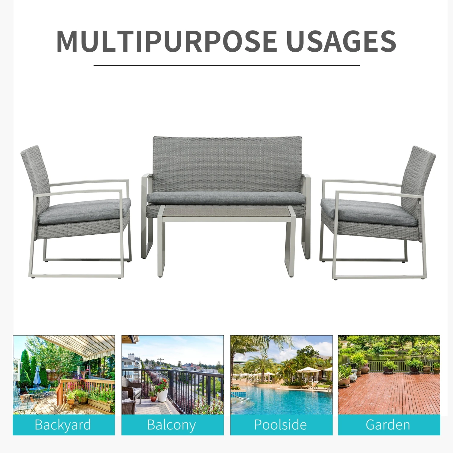 Outsunny-4 Piece Rattan Sofa Set - Grey 7 Outsunny-4 Piece Rattan Sofa Set - Grey - Image 7