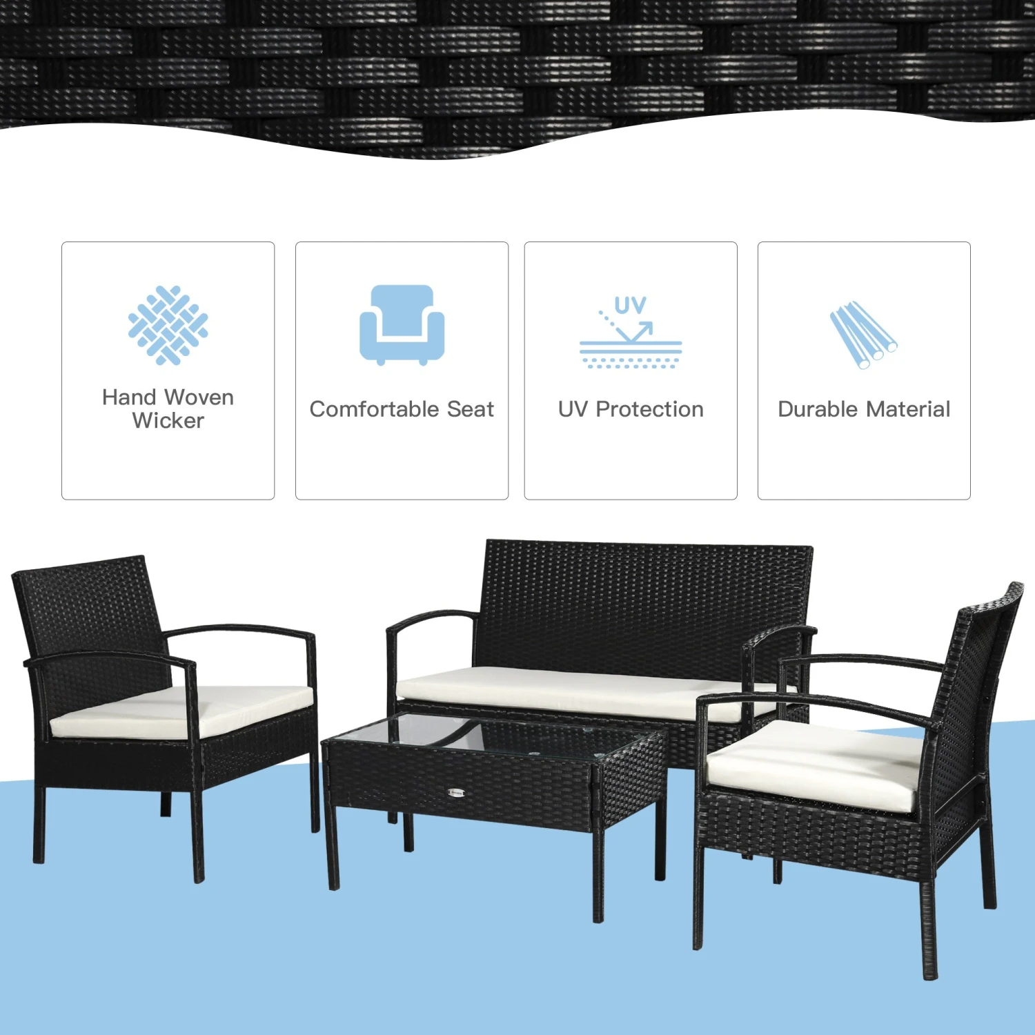Outsunny 4 Pieces Outdoor PE Rattan Corner Sofa With Cushions - Black 11 Outsunny 4 Pieces Outdoor PE Rattan Corner Sofa With Cushions - Black - Image 11